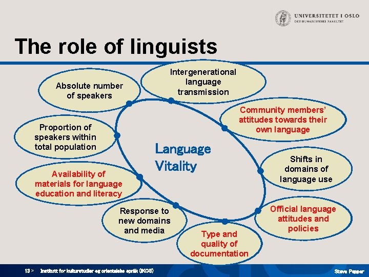 The role of linguists Absolute number of speakers Intergenerational language transmission Community members’ attitudes