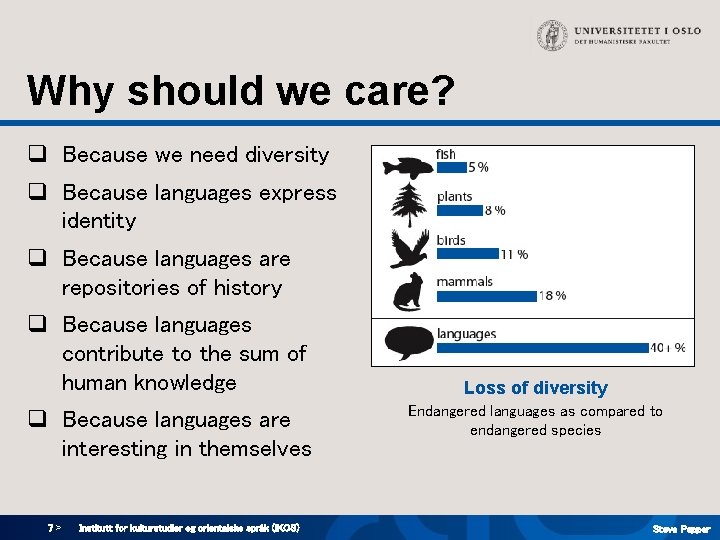 Why should we care? q Because we need diversity q Because languages express identity