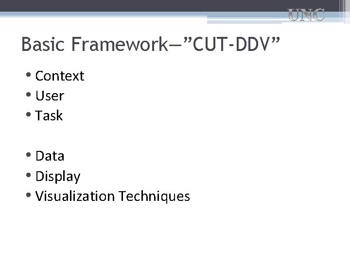 Basic Framework—”CUT-DDV” • Context • User • Task • Data • Display • Visualization