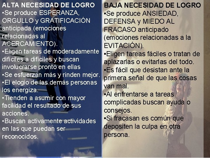ALTA NECESIDAD DE LOGRO Motivación. ESPERANZA, • Se produce de Logro ORGULLO y GRATIFICACIÓN
