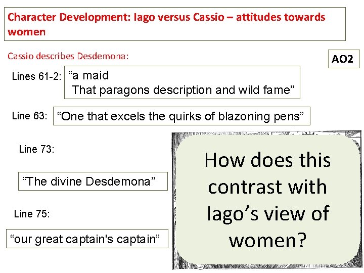 Character Development: Iago versus Cassio – attitudes towards women Cassio describes Desdemona: Lines 61