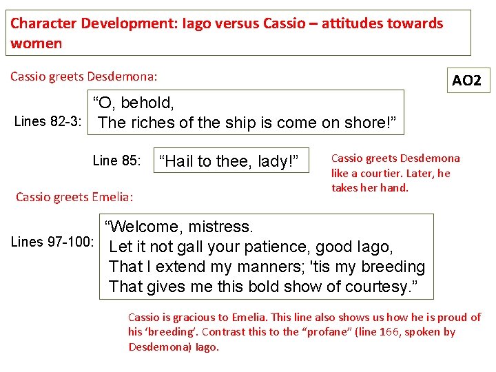 Character Development: Iago versus Cassio – attitudes towards women Cassio greets Desdemona: AO 2