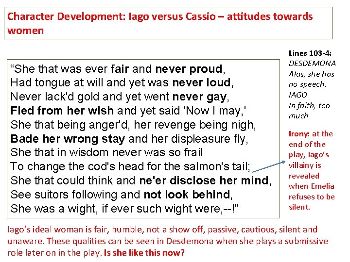 Character Development: Iago versus Cassio – attitudes towards women “She that was ever fair