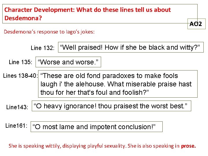 Character Development: What do these lines tell us about Desdemona? AO 2 Desdemona’s response