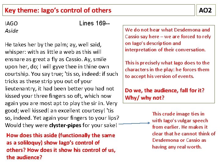 Key theme: Iago’s control of others IAGO Aside Lines 169 -- He takes her