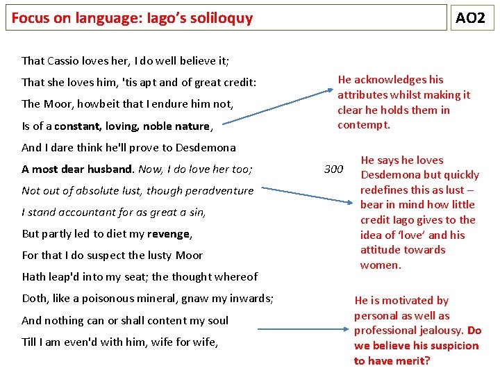 Focus on language: Iago’s soliloquy AO 2 That Cassio loves her, I do well