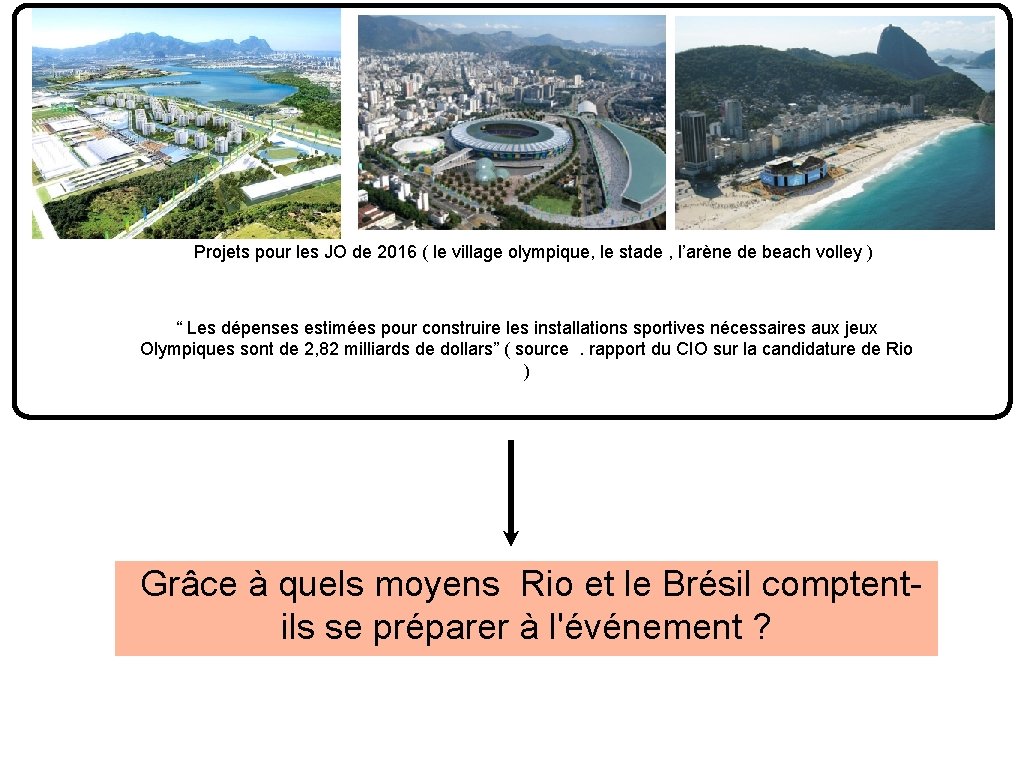 Projets pour les JO de 2016 ( le village olympique, le stade , l’arène