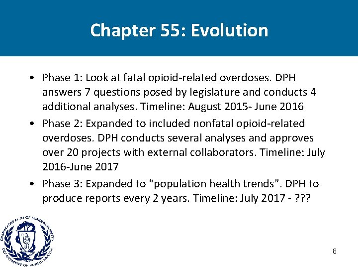 Chapter 55: Evolution • Phase 1: Look at fatal opioid-related overdoses. DPH answers 7