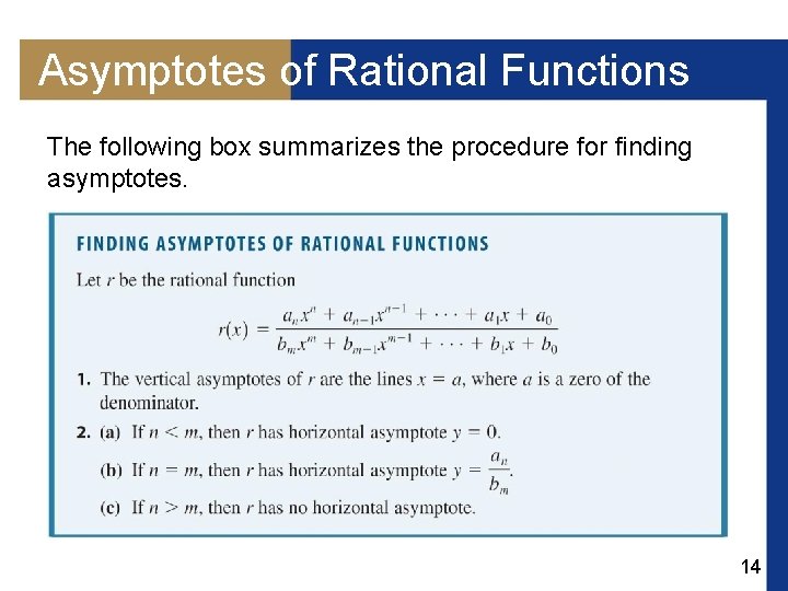 Asymptotes of Rational Functions The following box summarizes the procedure for finding asymptotes. 14