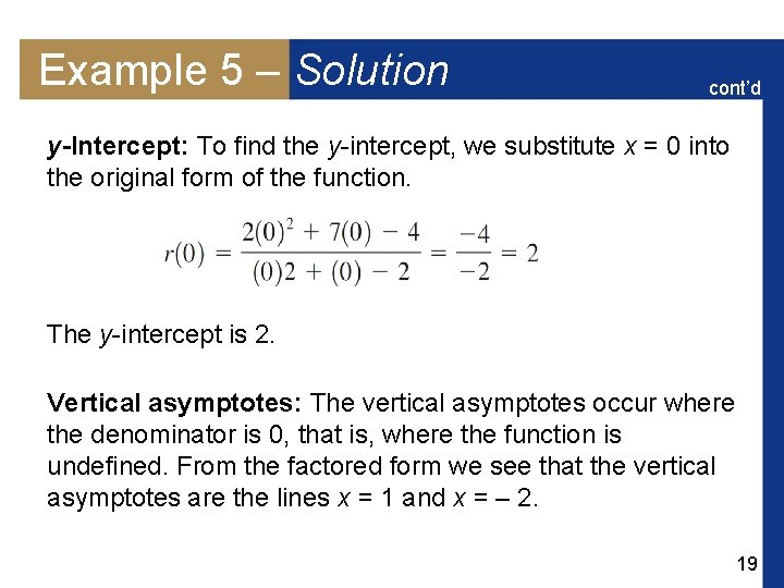 Example 5 – Solution cont’d y-Intercept: To find the y-intercept, we substitute x =