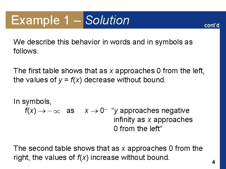 Example 1 – Solution cont’d We describe this behavior in words and in symbols