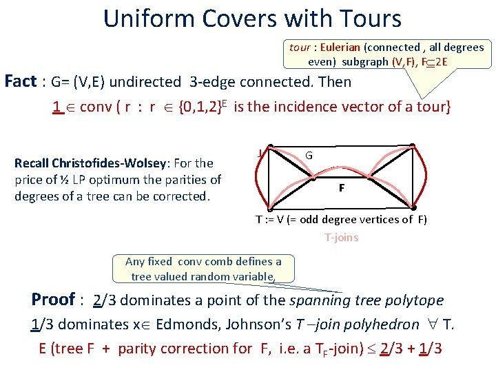 Uniform Covers with Tours tour : Eulerian (connected , all degrees even) subgraph (V,