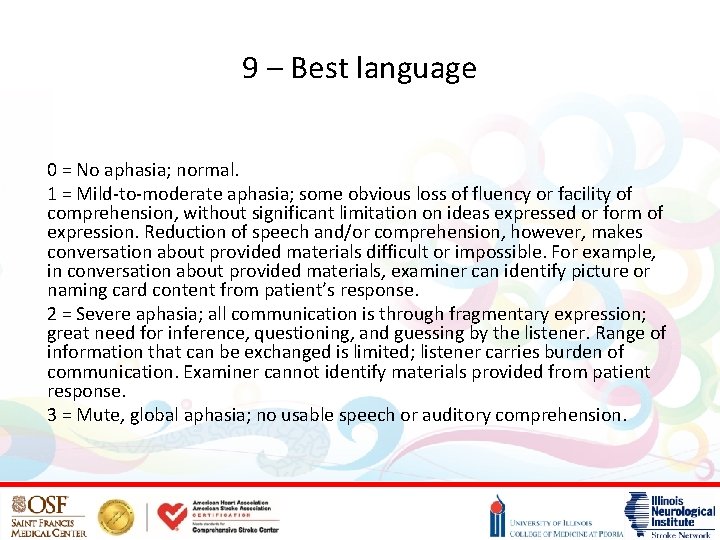 9 – Best language 0 = No aphasia; normal. 1 = Mild-to-moderate aphasia; some