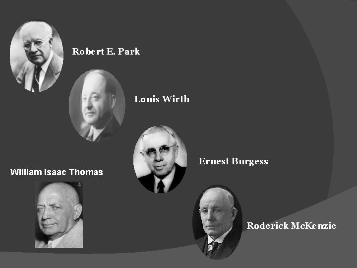 Robert E. Park Louis Wirth Ernest Burgess William Isaac Thomas Roderick Mc. Kenzie 