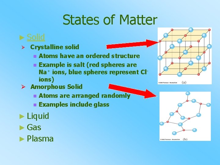 States of Matter ► Solid Crystalline solid n Atoms have an ordered structure n