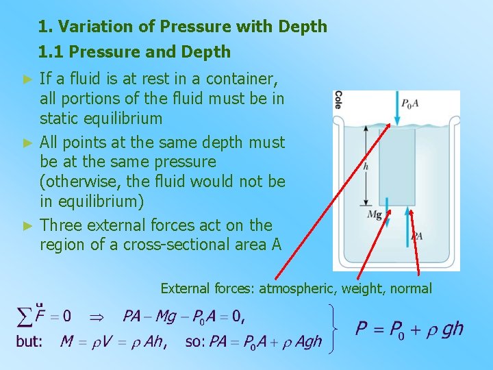 1. Variation of Pressure with Depth 1. 1 Pressure and Depth If a fluid