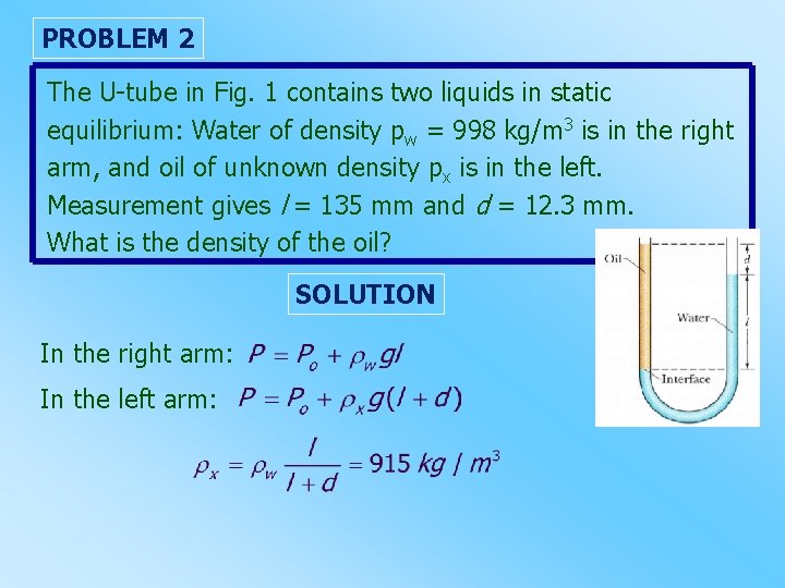 PROBLEM 2 The U-tube in Fig. 1 contains two liquids in static equilibrium: Water