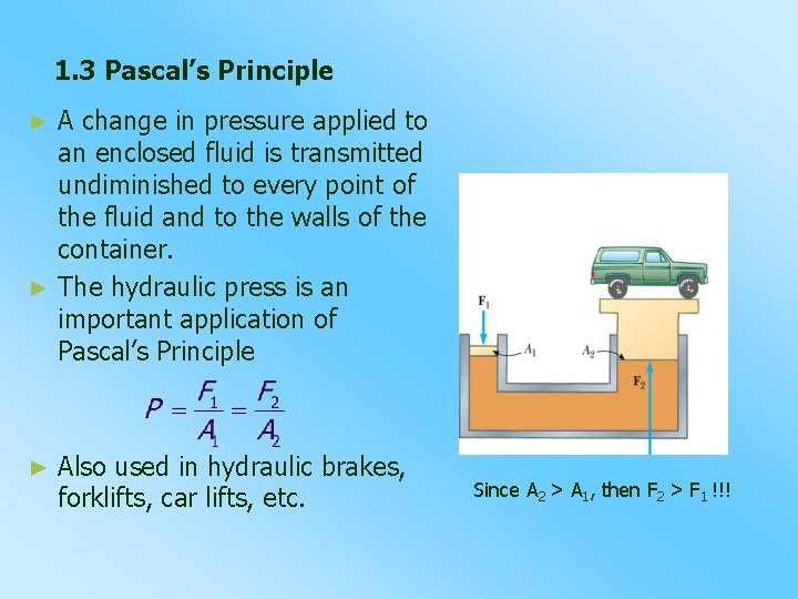 1. 3 Pascal’s Principle A change in pressure applied to an enclosed fluid is
