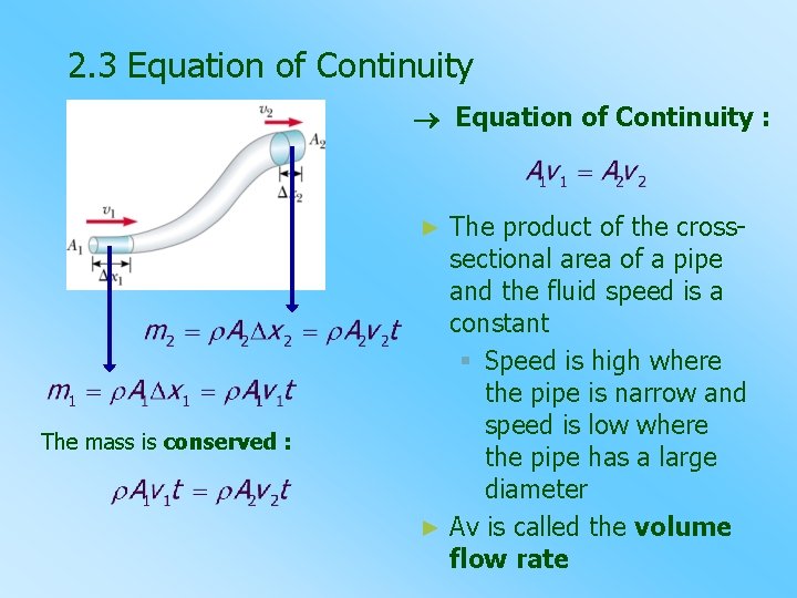 2. 3 Equation of Continuity : The product of the crosssectional area of a