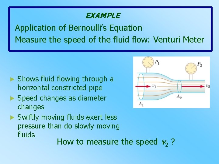 EXAMPLE Application of Bernoulli’s Equation Measure the speed of the fluid flow: Venturi Meter