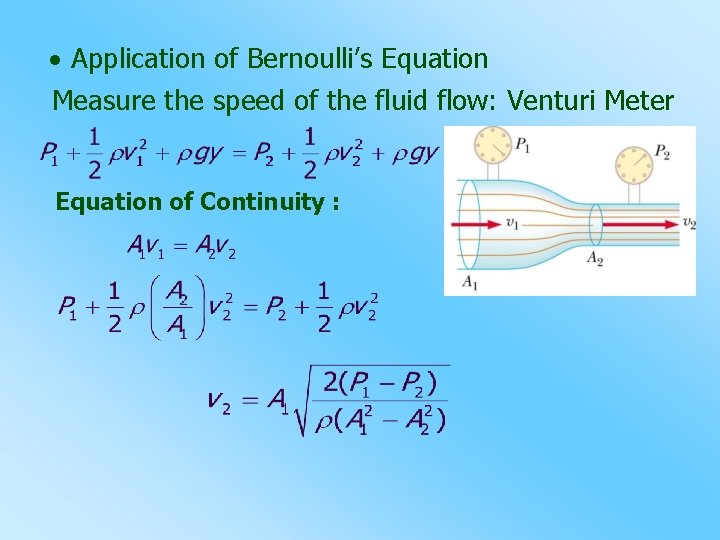  Application of Bernoulli’s Equation Measure the speed of the fluid flow: Venturi Meter