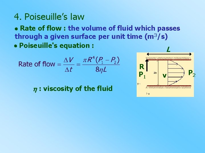 4. Poiseuille’s law Rate of flow : the volume of fluid which passes through