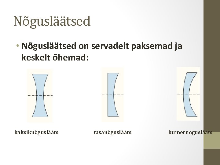 Nõgusläätsed • Nõgusläätsed on servadelt paksemad ja keskelt õhemad: kaksiknõguslääts tasanõguslääts kumernõguslääts 