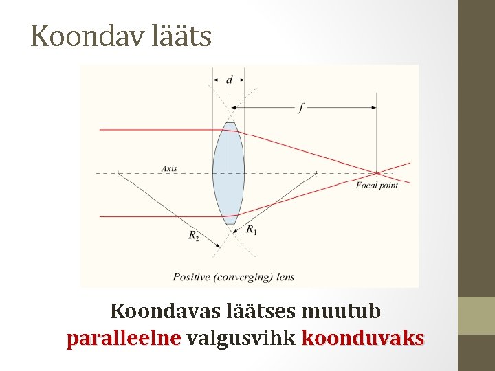 Koondav lääts Koondavas läätses muutub paralleelne valgusvihk koonduvaks 