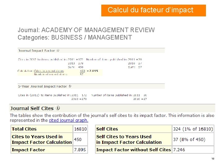 Calcul du facteur d’impact Journal: ACADEMY OF MANAGEMENT REVIEW Categories: BUSINESS / MANAGEMENT 16 Calcul du facteur d’impact Journal: ACADEMY OF MANAGEMENT REVIEW Categories: BUSINESS / MANAGEMENT 16