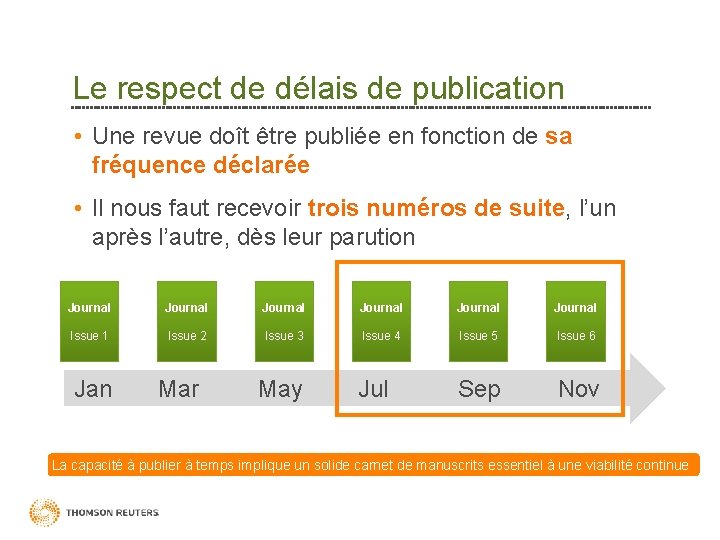 Le respect de délais de publication • Une revue doît être publiée en fonction Le respect de délais de publication • Une revue doît être publiée en fonction