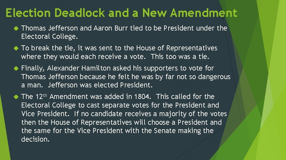 Election Deadlock and a New Amendment Thomas Jefferson and Aaron Burr tied to be