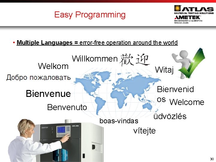 Easy Programming • Multiple Languages = error-free operation around the world Welkom Willkommen Witaj