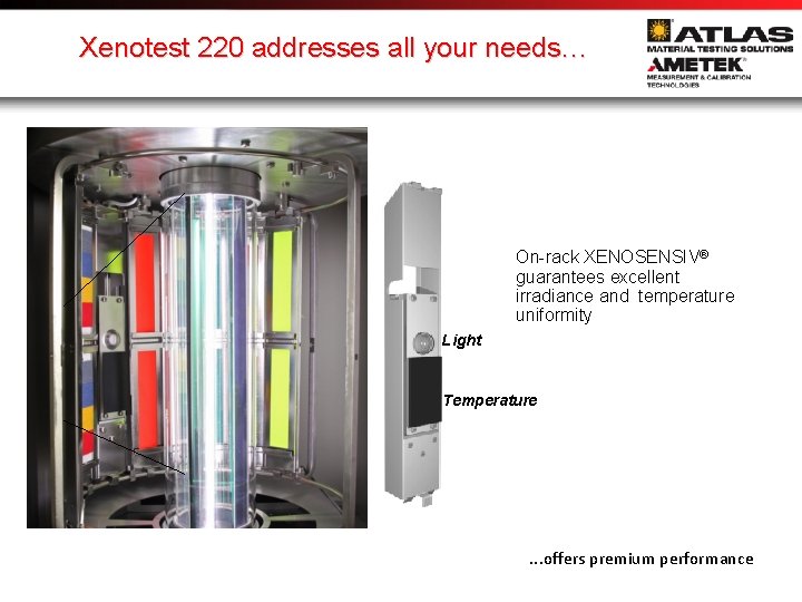 Xenotest 220 addresses all your needs… On-rack XENOSENSIV® guarantees excellent irradiance and temperature uniformity