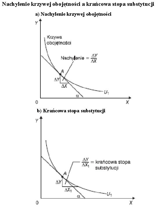 Nachylenie krzywej obojętności a krańcowa stopa substytucji a) Nachylenie krzywej obojętności b) Krańcowa stopa