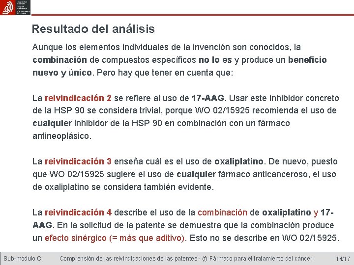 Resultado del análisis Aunque los elementos individuales de la invención son conocidos, la combinación