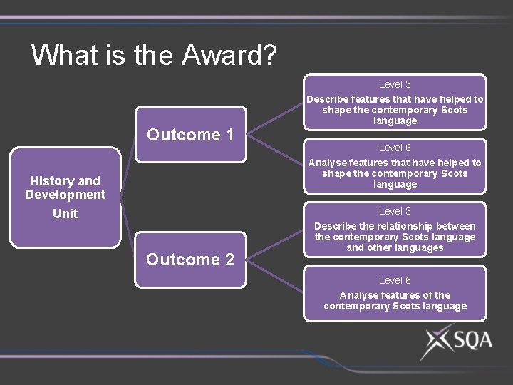 What is the Award? Level 3 Outcome 1 Describe features that have helped to
