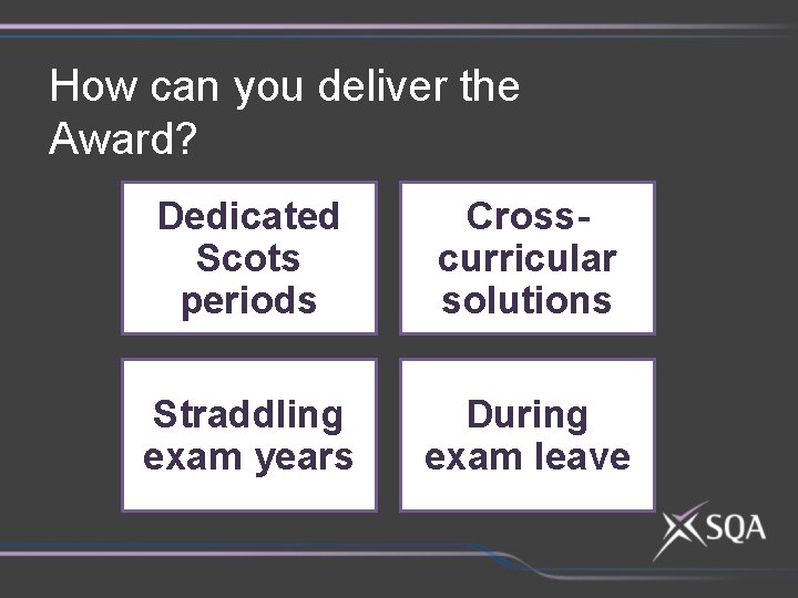 How can you deliver the Award? Dedicated Scots periods Crosscurricular solutions Straddling exam years
