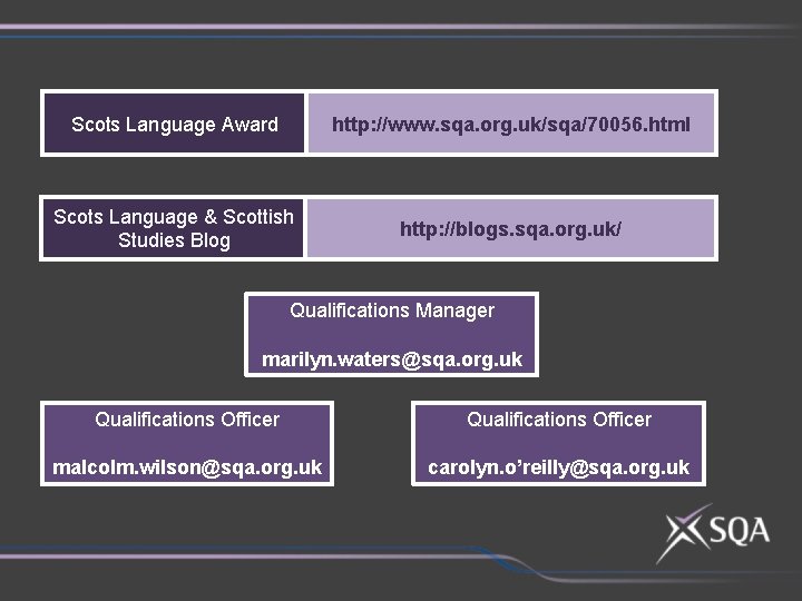 Scots Language Award http: //www. sqa. org. uk/sqa/70056. html Scots Language & Scottish Studies