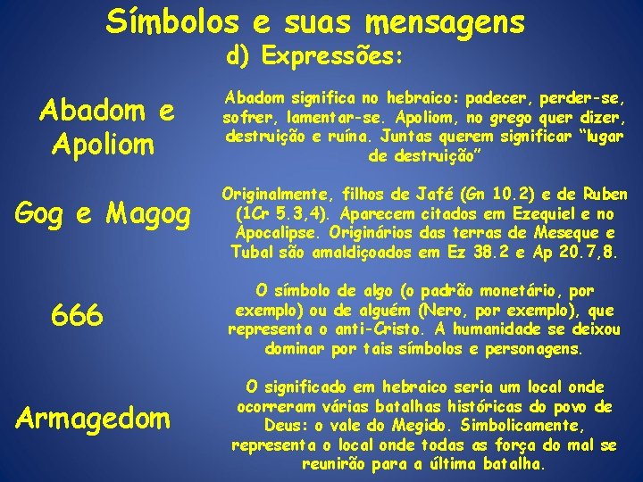 Símbolos e suas mensagens d) Expressões: Abadom e Apoliom Gog e Magog 666 Armagedom