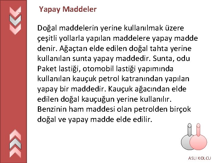 Yapay Maddeler Doğal maddelerin yerine kullanılmak üzere çeşitli yollarla yapılan maddelere yapay madde denir.