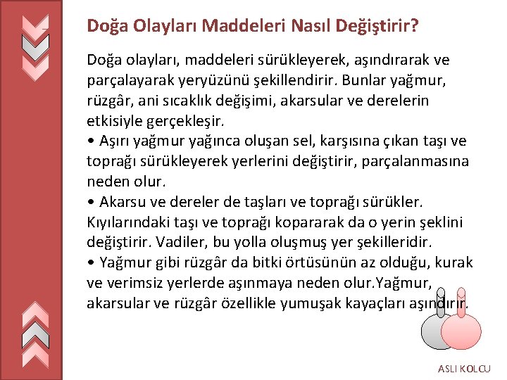 Doğa Olayları Maddeleri Nasıl Değiştirir? Doğa olayları, maddeleri sürükleyerek, aşındırarak ve parçalayarak yeryüzünü şekillendirir.