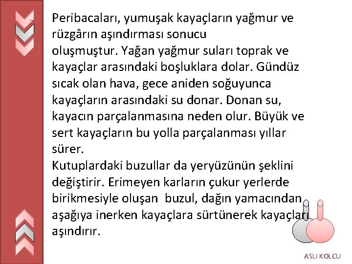 Peribacaları, yumuşak kayaçların yağmur ve rüzgârın aşındırması sonucu oluşmuştur. Yağan yağmur suları toprak ve