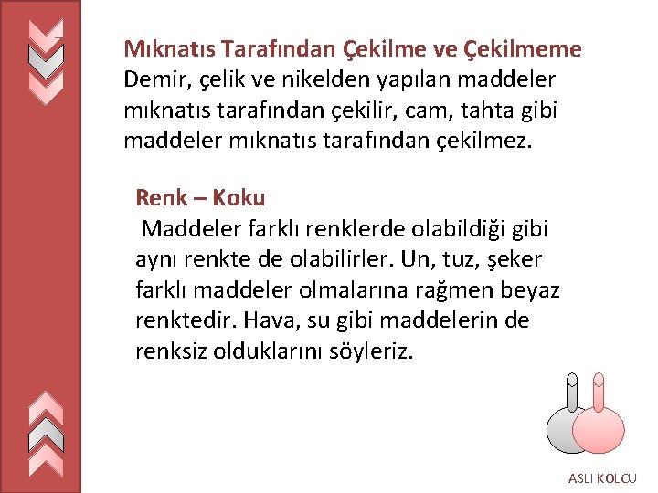 Mıknatıs Tarafından Çekilme ve Çekilmeme Demir, çelik ve nikelden yapılan maddeler mıknatıs tarafından çekilir,