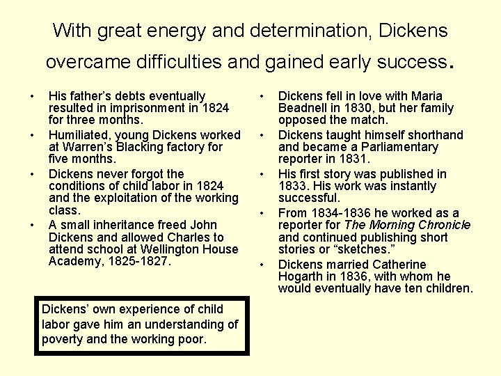 With great energy and determination, Dickens overcame difficulties and gained early success. • •