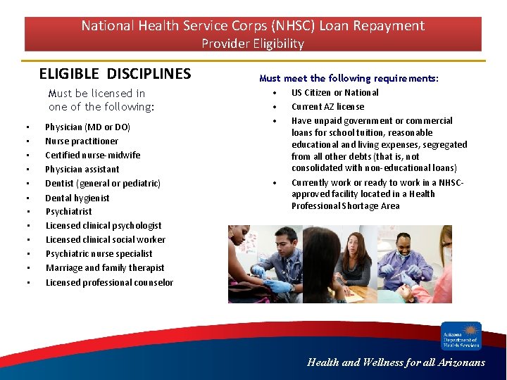 National Health Service Corps (NHSC) Loan Repayment Provider Eligibility ELIGIBLE DISCIPLINES Must be licensed National Health Service Corps (NHSC) Loan Repayment Provider Eligibility ELIGIBLE DISCIPLINES Must be licensed