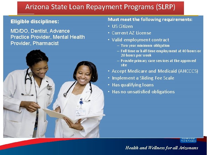 Arizona State Loan Repayment Programs (SLRP) Eligible disciplines: MD/DO, Dentist, Advance Practice Provider, Mental Arizona State Loan Repayment Programs (SLRP) Eligible disciplines: MD/DO, Dentist, Advance Practice Provider, Mental