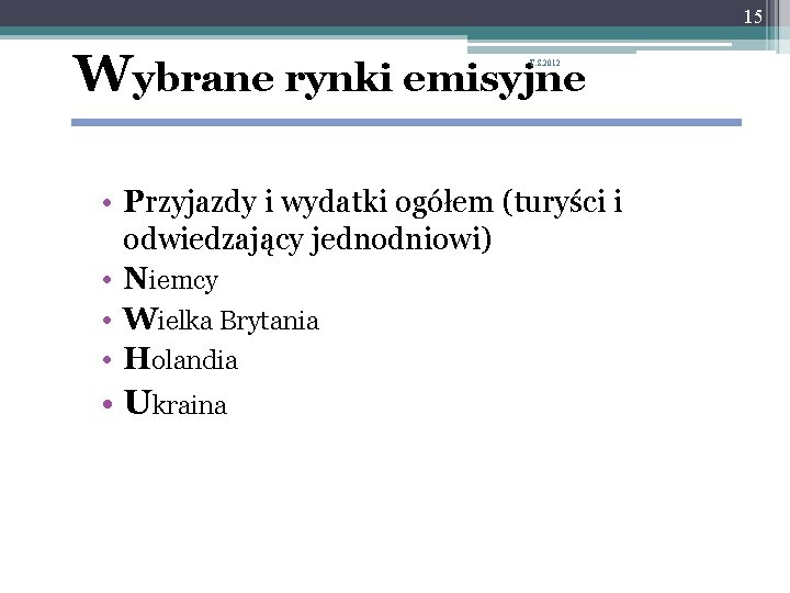 15 Wybrane rynki emisyjne T. S. 2012 • Przyjazdy i wydatki ogółem (turyści i 15 Wybrane rynki emisyjne T. S. 2012 • Przyjazdy i wydatki ogółem (turyści i