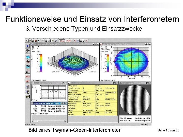 Funktionsweise und Einsatz von Interferometern 3. Verschiedene Typen und Einsatzzwecke Bild eines Twyman-Green-Interferometer Seite