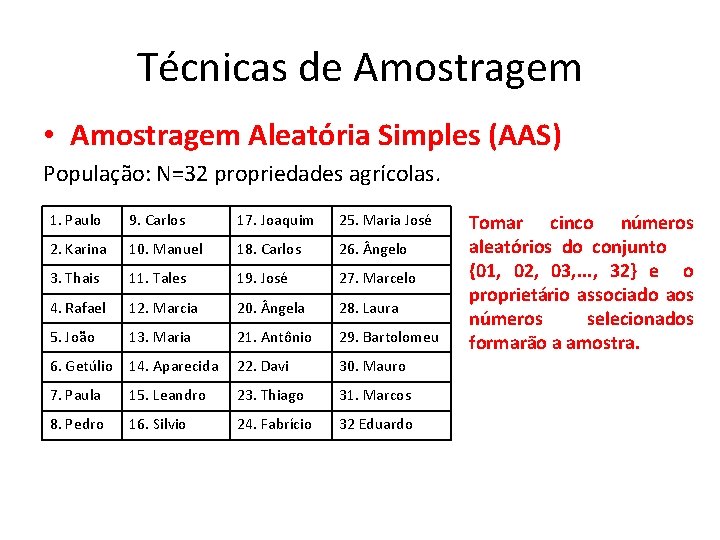 Técnicas de Amostragem • Amostragem Aleatória Simples (AAS) População: N=32 propriedades agrícolas. 1. Paulo Técnicas de Amostragem • Amostragem Aleatória Simples (AAS) População: N=32 propriedades agrícolas. 1. Paulo