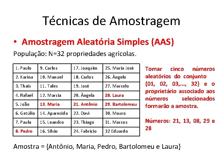 Técnicas de Amostragem • Amostragem Aleatória Simples (AAS) População: N=32 propriedades agrícolas. 1. Paulo Técnicas de Amostragem • Amostragem Aleatória Simples (AAS) População: N=32 propriedades agrícolas. 1. Paulo